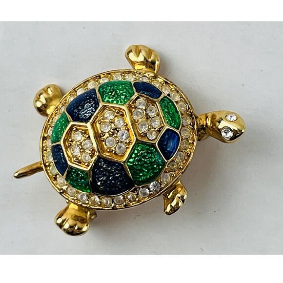 Vintage Turtle Pin Brooch Rhinestones Blue Enamel Shell 1.5" Pave Style Goldtone - Picture 3 of 10